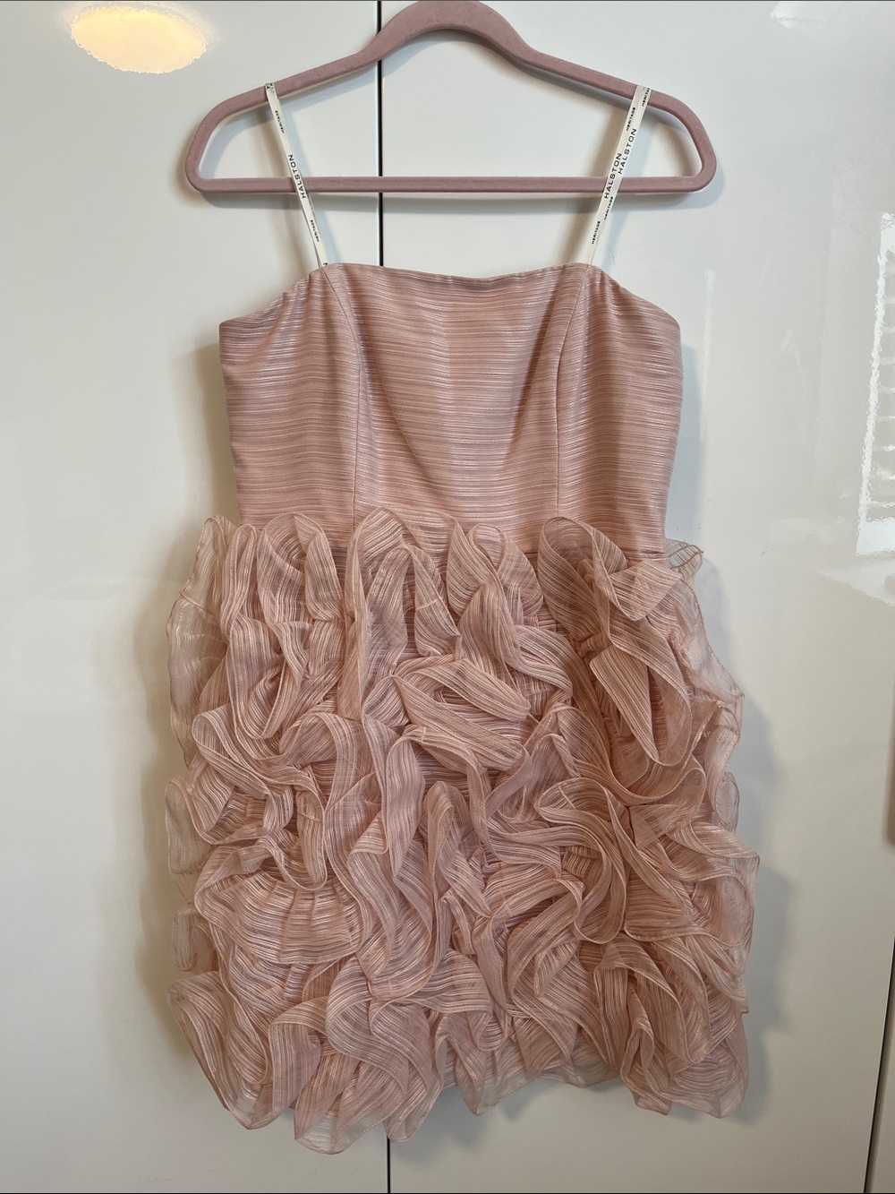 NWOT Halston Heritage Strapless Dramatic Ruffle Skirt Blush Pink Dress, Size 8